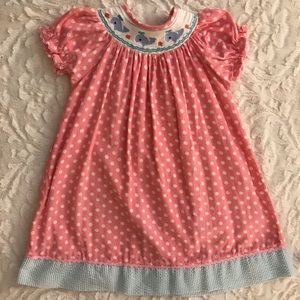 Smocked pink polka dot whale dress